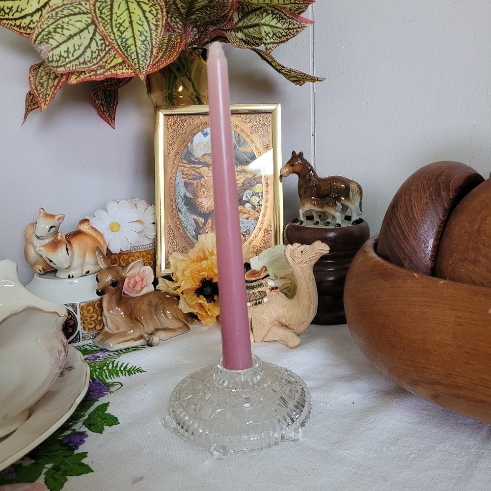 Vintage Achor Hocking STARS & BARS Clear Glass Candle Stick Holder